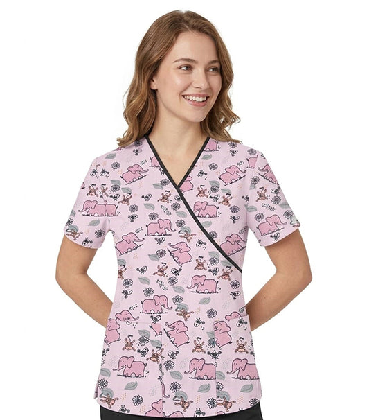 Interlock Stretch Women Elephant Print Scrub Top mock wrap 3 pocket half sleeve with black piping