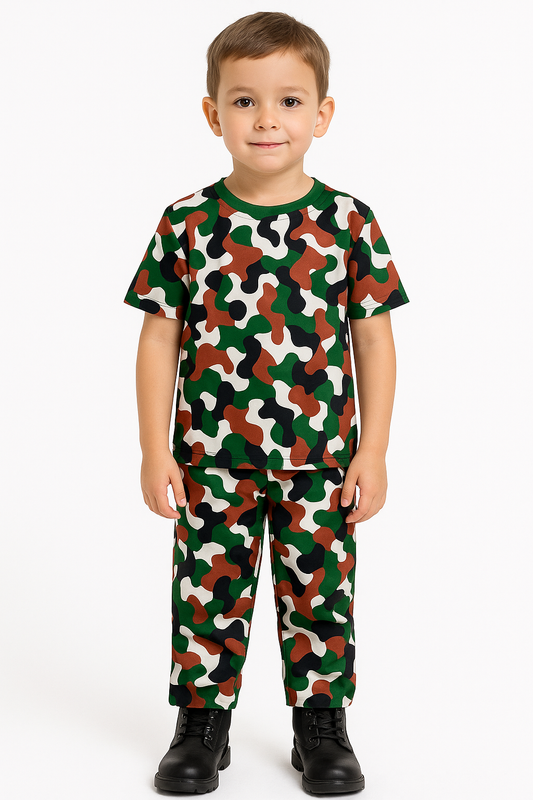 Mini Trooper Uniform - Camouflage Print Poplin Fabric 35% Cotton 65% Polyester. Round Neck No Pockets Top. 2 Pockets Pants