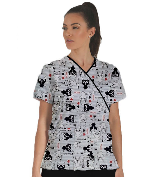 Poplin Women Cat Print Scrub Top mock wrap 3 pocket half sleeve with black piping