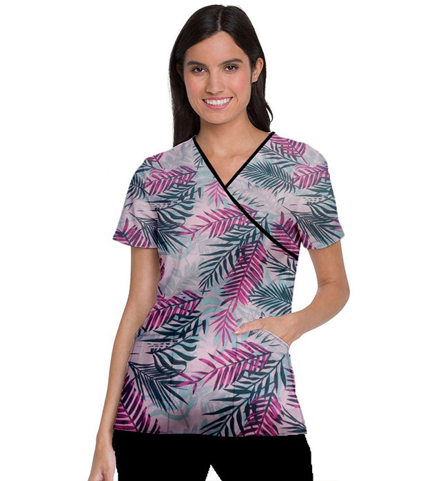 Pink Leaves Print Scrub Set Mock Wrap With Black Piping 5 Pocket Half Sleeves (Top 3 Pockets With Bottom 2 Pockets Boot cut)