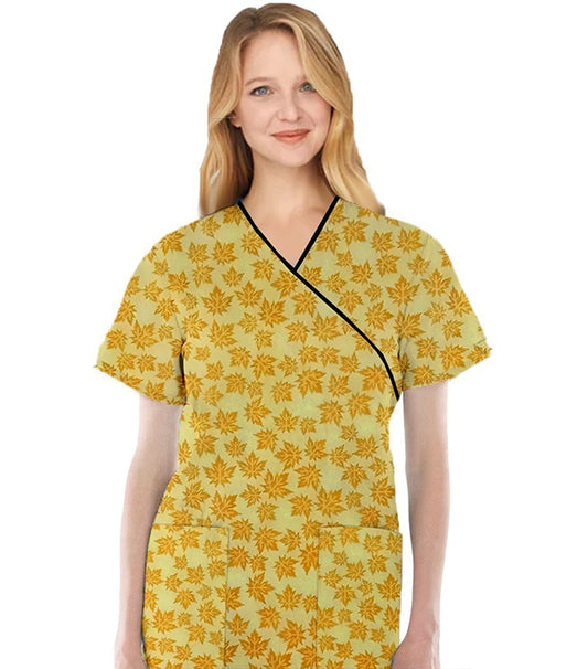 Poplin Women Yellow Petal Print Scrub Top mock wrap 3 pocket half sleeve with black piping