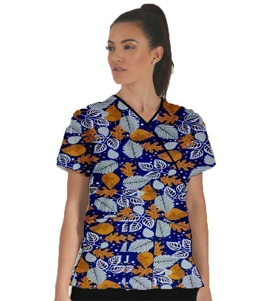 Poplin Women Summer Mint Leave Print Scrub Top mock wrap 3 pocket half sleeve with black piping