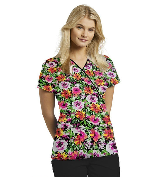 Poplin Women Pink Rose Print Scrub Top mock wrap 3 pocket half sleeve with black piping