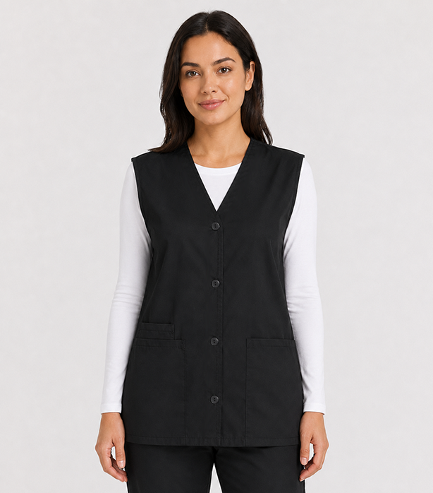 Poplin Scrub Jacket Vest (Sleeveless) 2 Pockets with Cell Phone Pocket Solid Ladies with Slit and Plastic Buttons