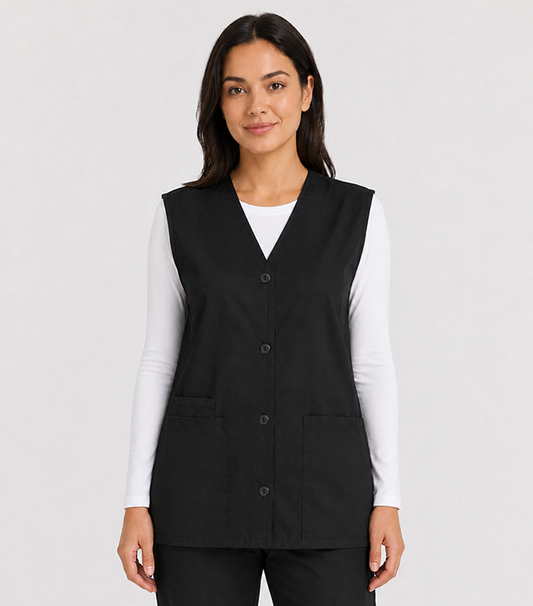 Poplin Scrub Jacket Vest (Sleeveless) 2 Pockets with Cell Phone Pocket Solid Ladies with Slit and Plastic Buttons