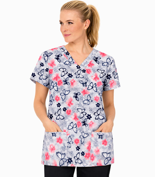 Butterfly Print Scrub Top V Neck 2 Pocket Half Sleeve in Poplin Fabric 35% Cotton 65% Polyester