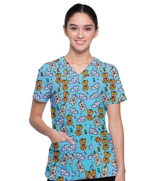 Baby Snuggle Buddies Printed Scrub Top V-Neck 2 Pockets Half Sleeves - 100% Polyester Stretch Fabric