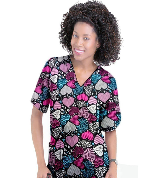 Magical Hearts Print Scrub Top V Neck 2 Pocket Half Sleeve in Poplin Fabric 35% Cotton 65% Polyester