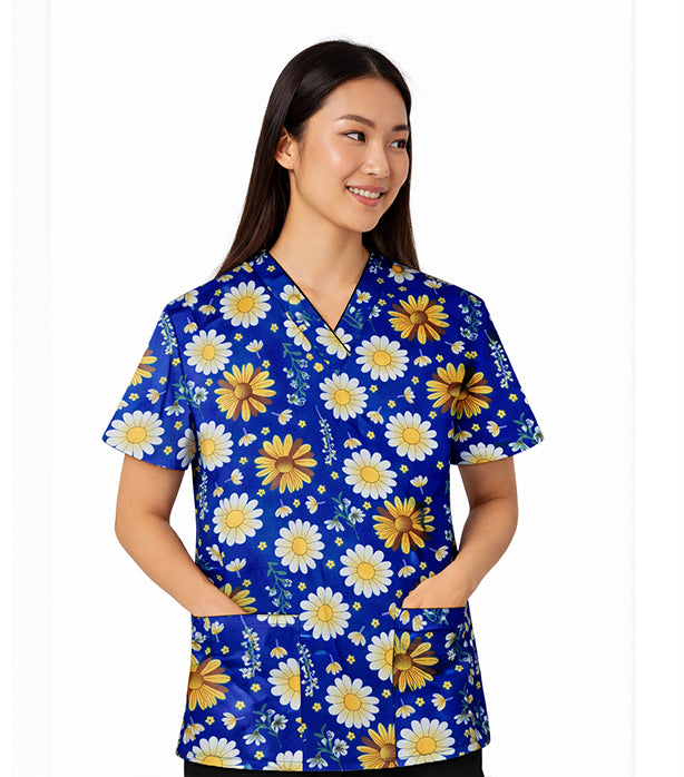 Poplin Women SunFlower Print Scrub Top V Neck - 2 Pockets, Half Sleeves