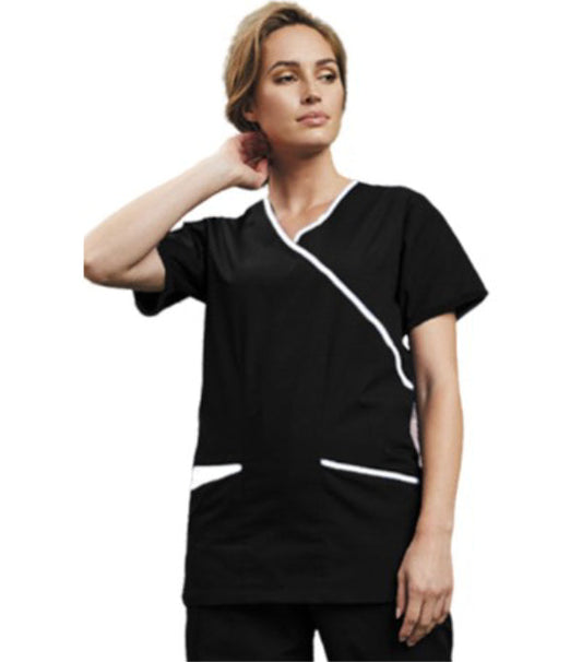 Microfiber Women Mock Wrap Scrub Set - 5 Pockets (3 Pockets Top with 2 Pockets Boot Cut Pant), Half Sleeves