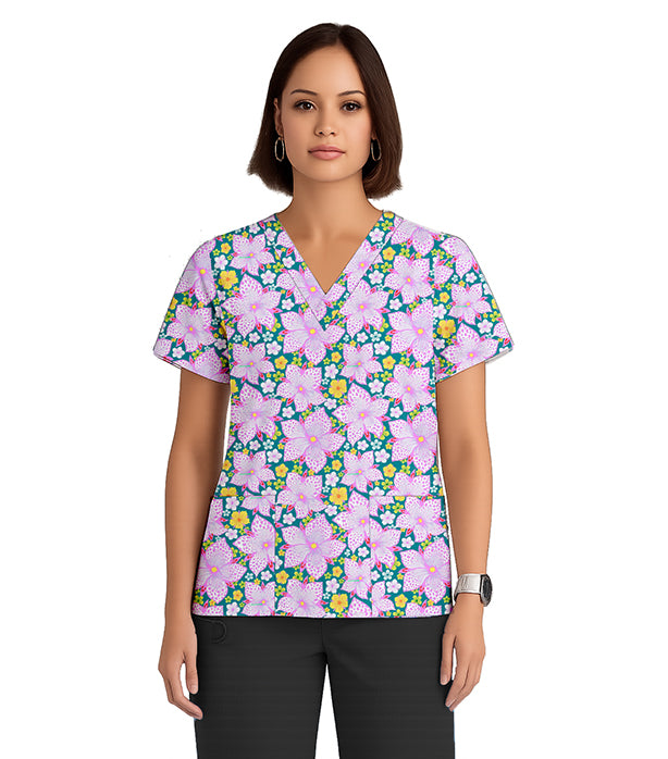 Pink & Yellow Blossom Print Scrub Set 4 Pockets Ladies Half Sleeves (2 Pockets Top and 2 Pockets Pant)