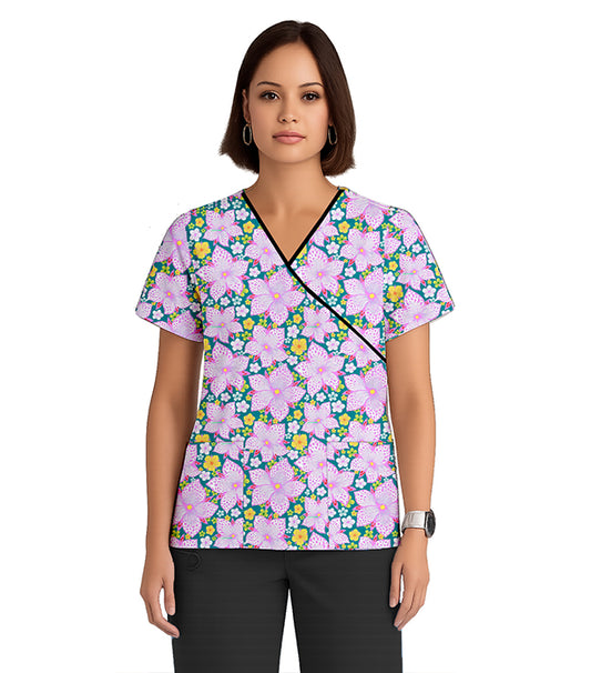 Pink & Yellow Blossom Print Scrub Set Mock Wrap With Black Piping 5 Pocket Half Sleeves (Top 3 Pockets With Bottom 2 Pockets Boot cut)