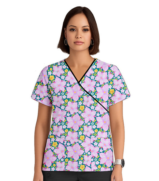 Poplin Women Pink & Yellow Blossom Print Scrub Top mock wrap 3 pocket half sleeve with black piping
