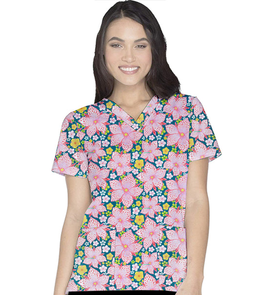 Pink & Yellow Blossom Print Scrub Set 4 Pockets Ladies Half Sleeves (2 Pockets Top and 2 Pockets Pant)