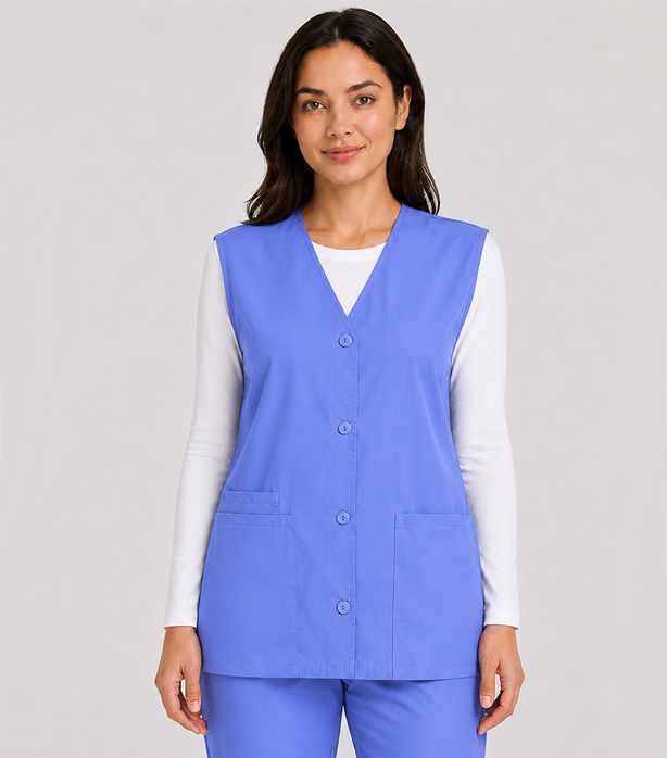 Only for USA Customers Clearance Stretchable Scrub Jacket Vest (Sleeveless) 2 Pockets with Cell Phone Pocket Solid Ladies with Slit and Plastic Buttons
