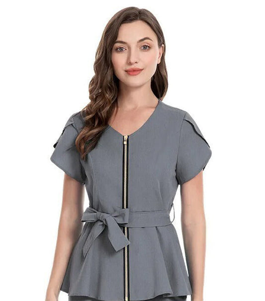 Stretch Womens Fashion Scrub Top with Front Zipper and Belt