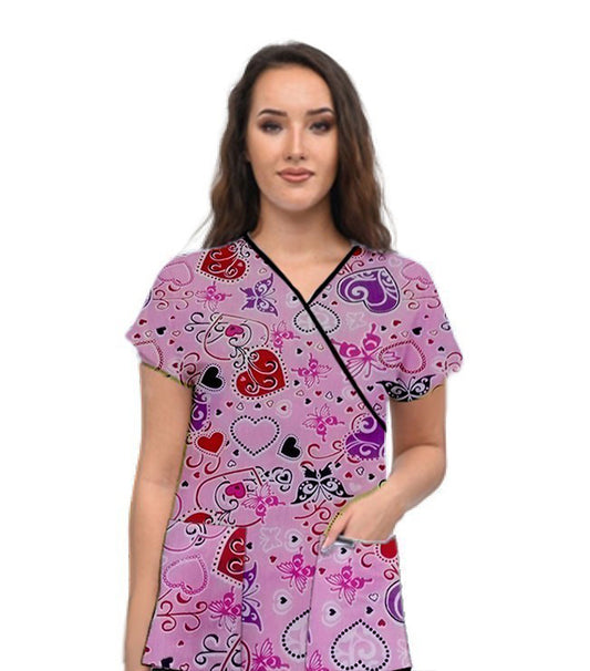 Poplin Women Hearts and Butterflies Print Scrub Top mock wrap 3 pocket half sleeve with black piping