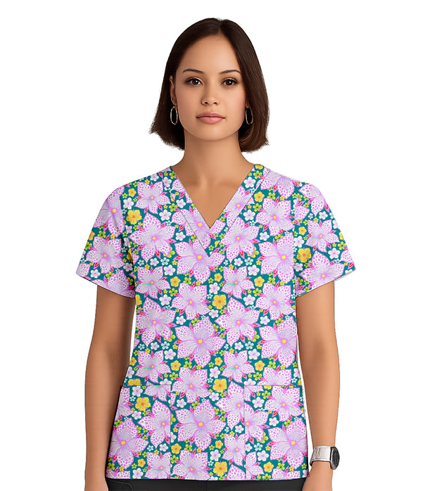 Poplin Women Pink & Yellow Blossom Print Scrub Top V Neck - 2 Pockets, Half Sleeves