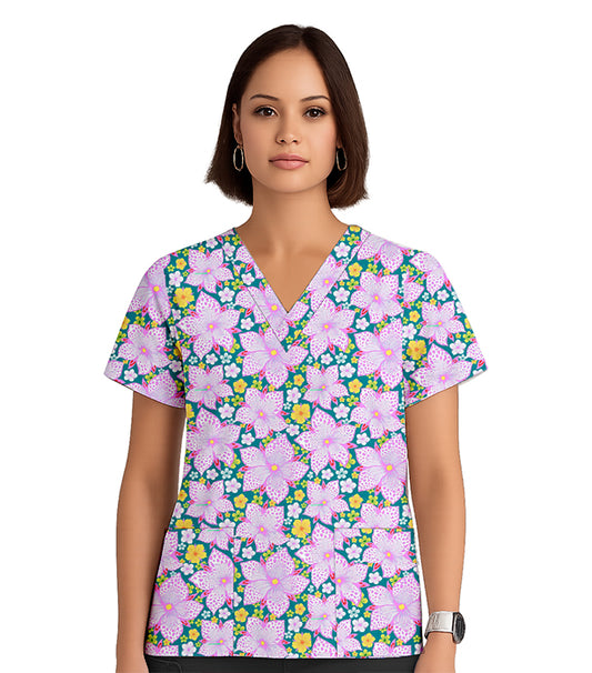 Poplin Women Pink & Yellow Blossom Print Scrub Top V Neck - 2 Pockets, Half Sleeves