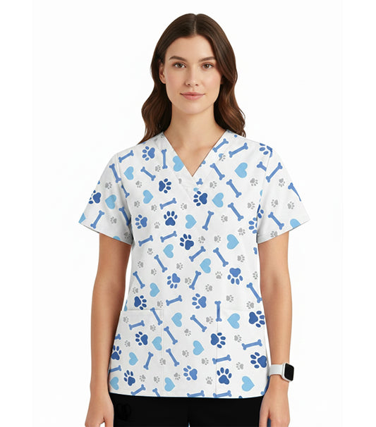 Printed Scrub Set Bone and Paw Print 4 Pockets Ladies Half Sleeves (2 Pockets Top and 2 Pockets Pant)