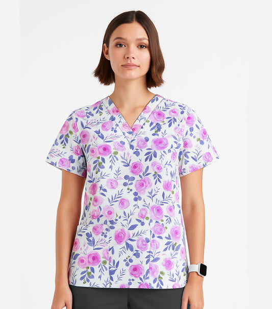 Printed Scrub Set Blue Leaves and Pink Flower Print 4 Pockets Ladies Half Sleeves (2 Pockets Top and 2 Pockets Pant)
