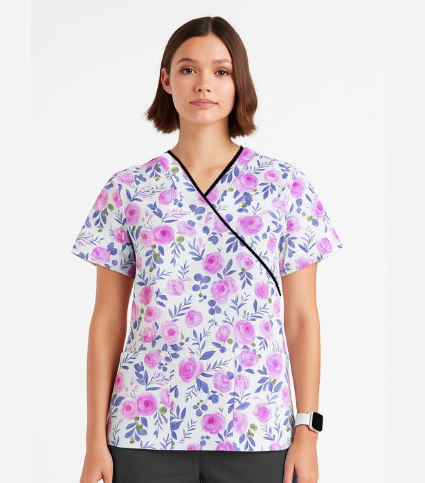 Blue Leaves and Pink Flower Print Scrub Set Mock Wrap With Black Piping 5 Pocket Half Sleeves (Top 3 Pockets With Bottom 2 Pockets Boot cut)