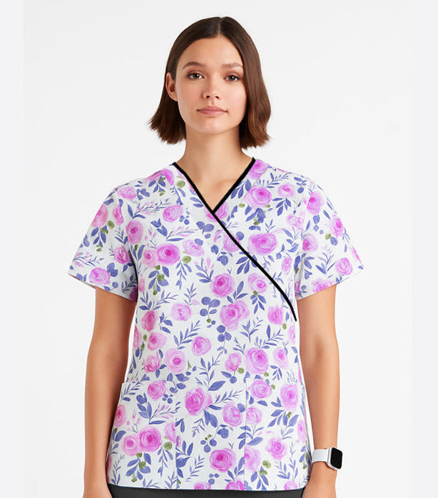 Poplin Women Blue Leaves and Pink Flower Print Scrub Top mock wrap 3 pocket half sleeve with black piping