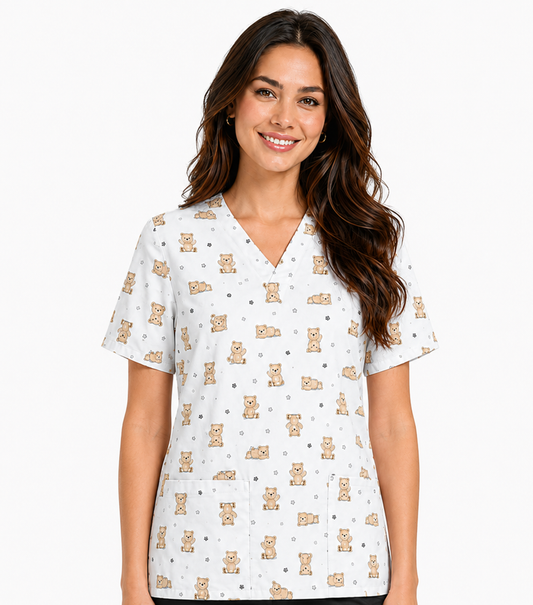 Poplin Women Teddy Bear Print Scrub Top V Neck - 2 Pockets, Half Sleeves