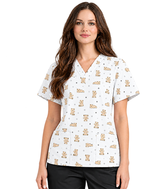 Printed Scrub Set Teddy Bear Print 4 Pockets Ladies Half Sleeves (2 Pockets Top and 2 Pockets Pant)