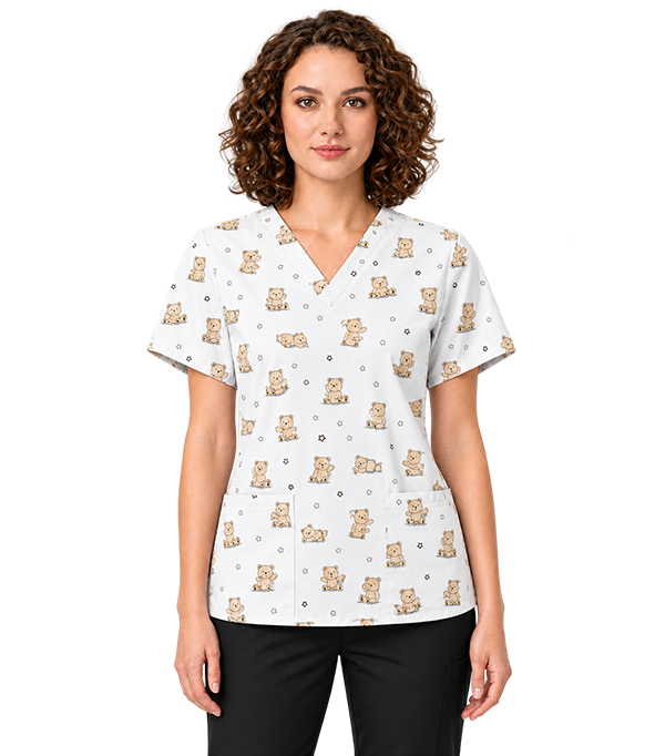 Printed Scrub Set Teddy Bear Print 4 Pockets Ladies Half Sleeves (2 Pockets Top and 2 Pockets Pant)