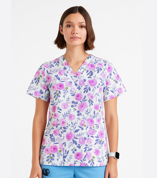 Poplin Women Blue Leaves and Pink Flower Print Scrub Top V Neck - 2 Pockets, Half Sleeves