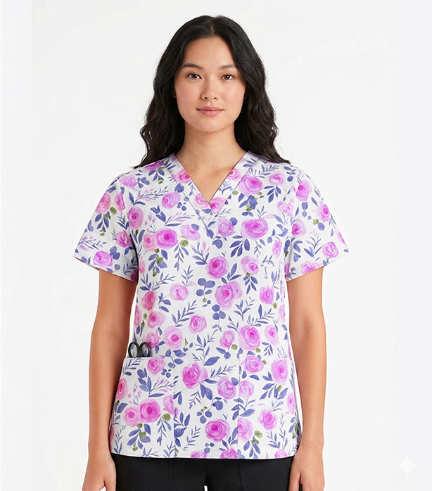 Printed Scrub Set Blue Leaves and Pink Flower Print 4 Pockets Ladies Half Sleeves (2 Pockets Top and 2 Pockets Pant)