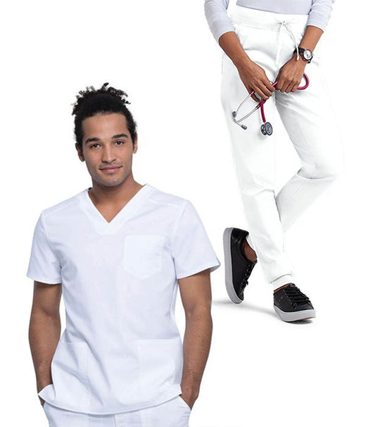 Unisex Jogger Scrub Set 6 Pockets Half Sleeves, Top 3 Pockets (1 Chest Pocket and 2 Lower Pockets) and Jogger Pant 3 Pockets (2 Side Pockets, 1 Back Pocket) with Full Elastic Waistband and Drawstring (Twill White)