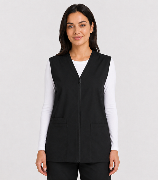 Poplin Scrub Jacket Vest (Sleeveless) 2 Pockets with Cell Phone Pocket Solid Ladies with Slit and Zipper Closure