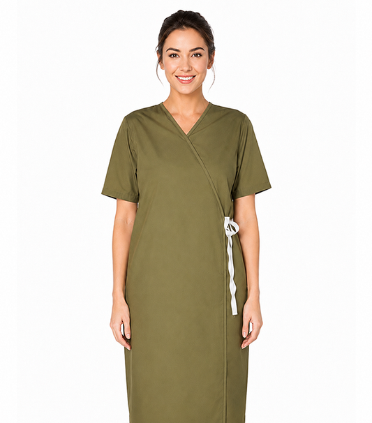 Microfiber patient gown front open half sleeve with matchng piping tie-able OR Velcro
