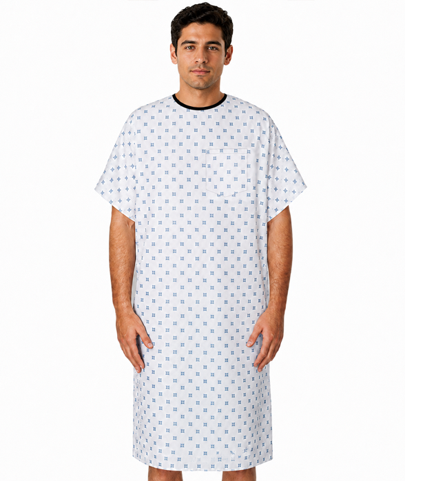 Only for USA Customers Clearance Printed Patient gown 1 chest pocket half sleeve back open with Black Piping, tie-able OR Velcro