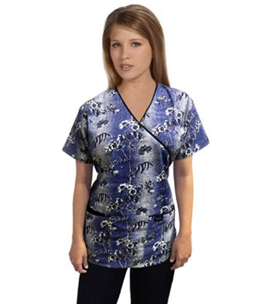 Poplin Women Blue And White Flower Print Scrub Top mock wrap 3 pocket half sleeve with black piping