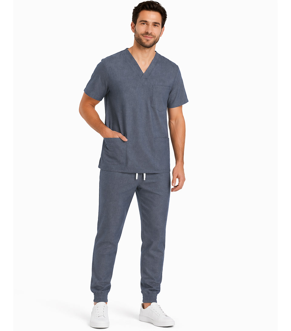 Denim Jogger scrub set 5 pocket normal half sleeve unisex solid (top 3 pockets with Bottom 2 pockets )