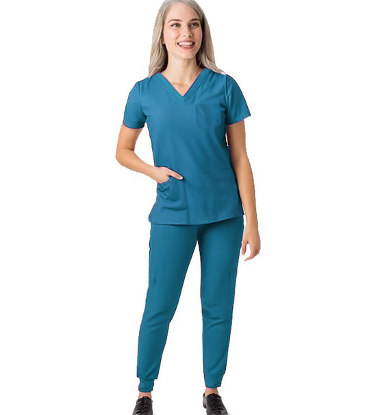 Microfiber Women's Jogger Scrub Set - 9 Pockets, Half Sleeves (3-Pocket Top & 6-Pocket Pant 2 side 2 Back and 2 Cargo Pockets)