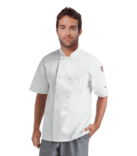 Poplin Men's Short Sleeve Chef Coat With 1 Chest pocket and 1 Sleeve Pocket - Plastic Button Front Closure