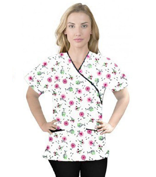 Cherry Blossom Print Scrub Set Mock Wrap With Black Piping 5 Pocket Half Sleeves (Top 3 Pockets With Bottom 2 Pockets Boot cut)