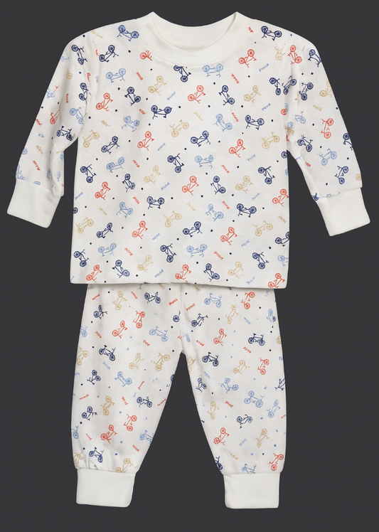 Cotton Children's Printed (Cycles Print) Scrub Set With Round Neck Full Sleeves Ribbed Cuffs and Jogger Pants