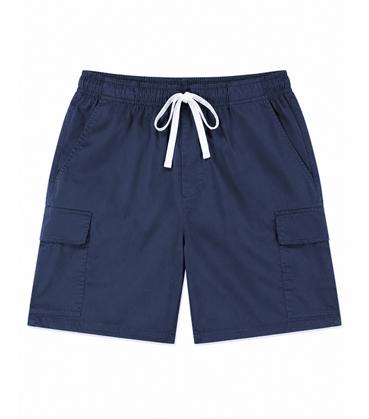 Stretchable fabric cargo shorts full elastic waistband 2 side pocket 2 cargo pocket with flap 1 back patch pocket elasticated twill drawstring (white) (inseam is 5 inches)