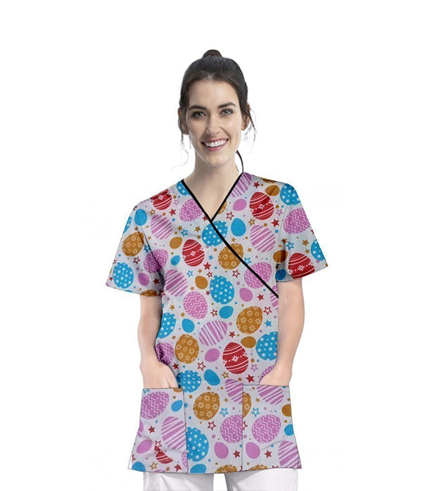Celebration print Scrub Set Mock Wrap With Black Piping 5 Pocket Half Sleeves (Top 3 Pockets With Bottom 2 Pockets Boot cut)