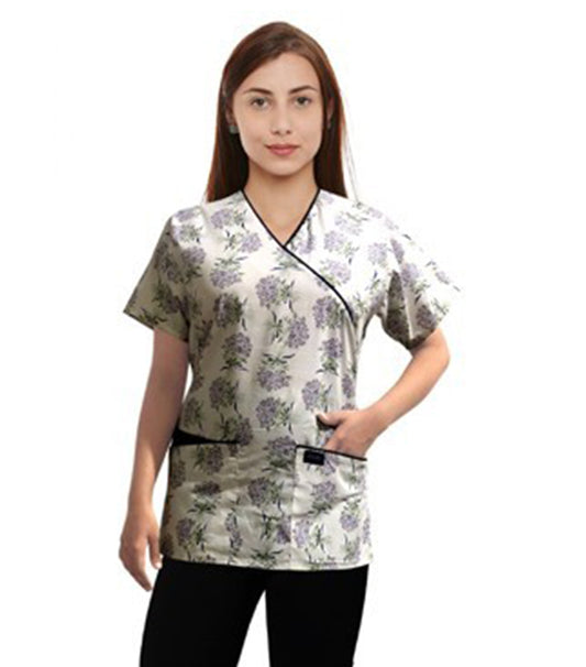 Flower Bouquet Print Scrub Set Mock Wrap With Black Piping 5 Pocket Half Sleeves (Top 3 Pockets With Bottom 2 Pockets Boot cut)