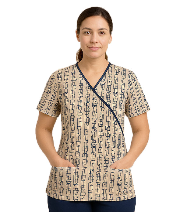 Poplin Women Geometric Print Scrub Top mock wrap 3 pocket half sleeve with black piping