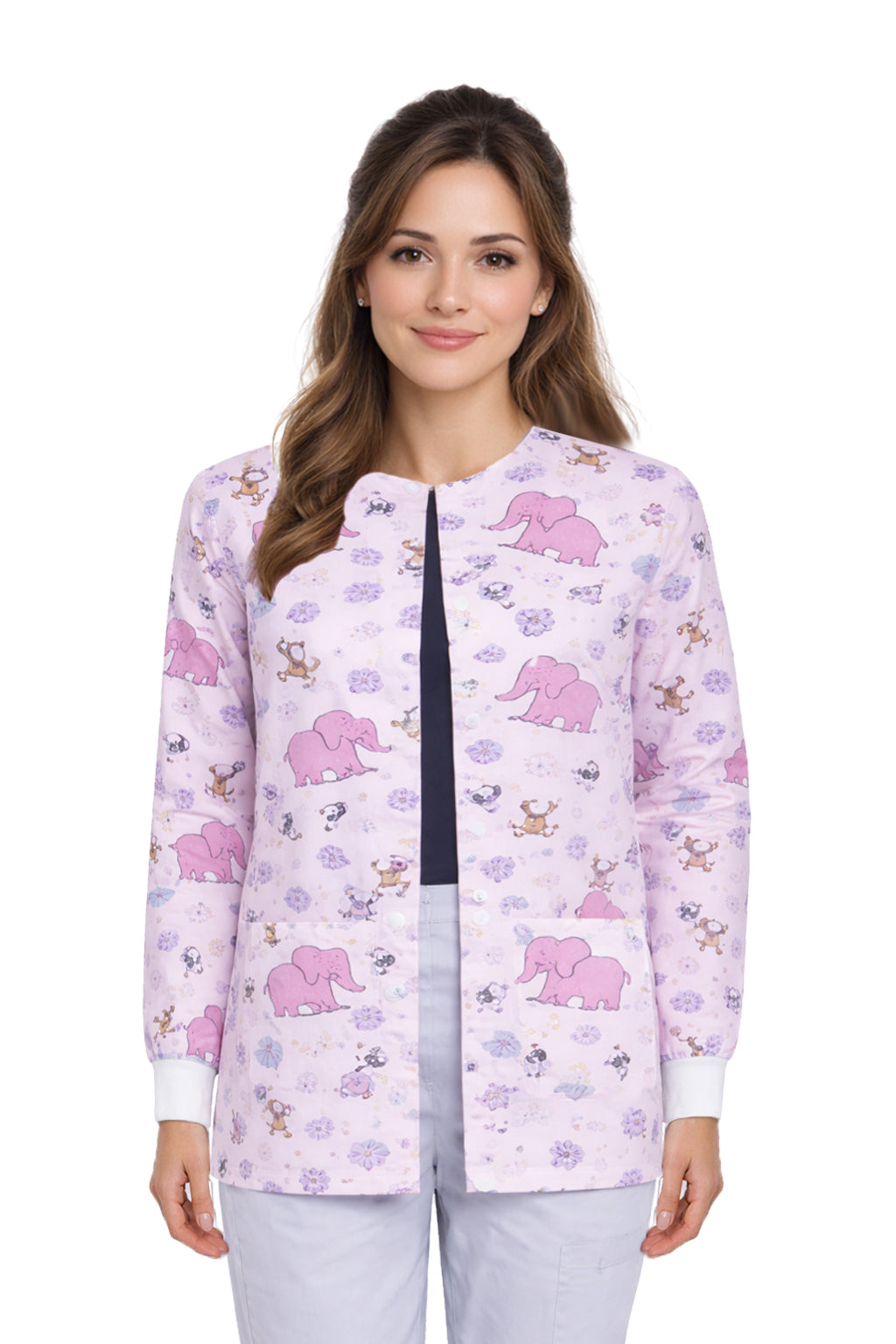 Poplin Unisex Scrub Jacket with Elephant Print- 2 Pockets, Full Sleeves with Rib