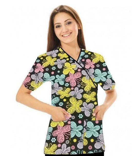 Poplin Women Multicolor Butterflies Print Scrub Top mock wrap 3 pocket half sleeve with black piping