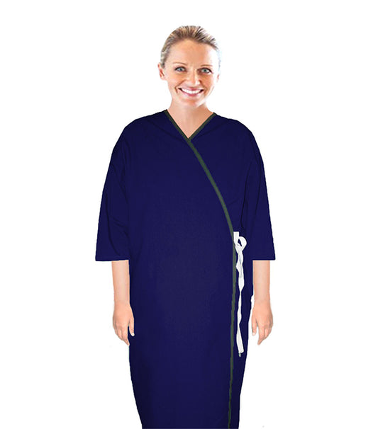 Microfiber patient gown front open 3/4 sleeve with matching piping tie able