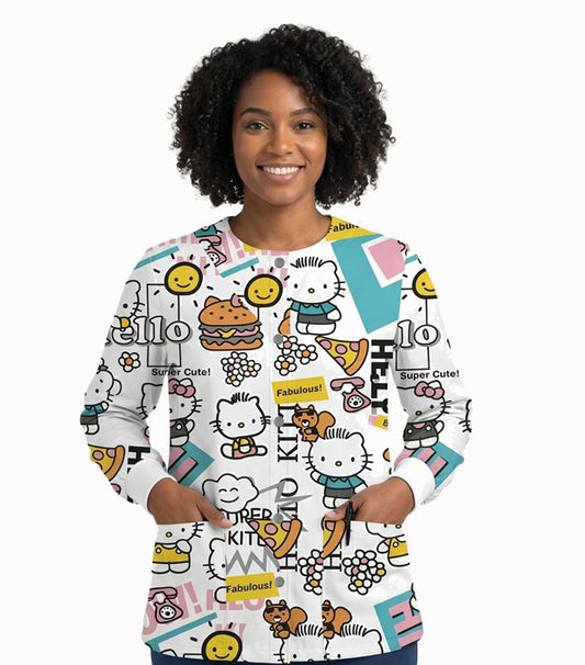 Interlock Stretch Unisex Scrub Jacket with Hello Kitty Print- 2 Pockets, Full Sleeves with Rib